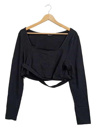 ASOS Design Damen Crop Langarmshirt U-Ausschnitt Bindegürtel Schwarz Gr. 46