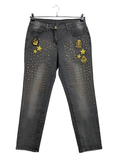 Alba Moda Damen Jeans Regular Fit Gr. 38 Grau Sterne Patches Nieten