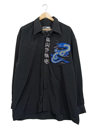 Mondo Herren Freizeithemd Drachenstickerei Schwarz XXL Streetwear