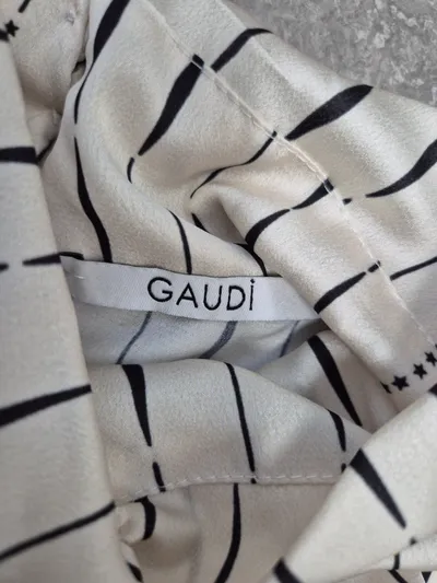 GAUDÌ Blusenkleid Damen Gr. 44 Langarm Stehkragen Streifenmuster Beige