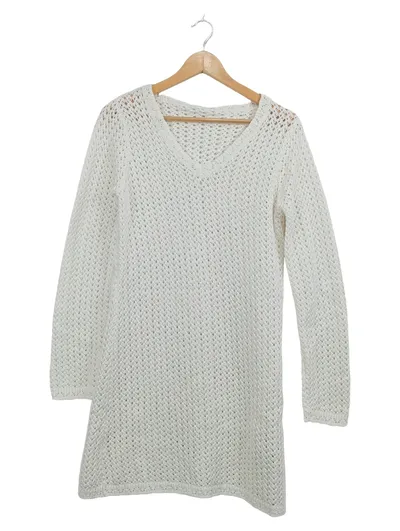 Pageone Damen Strickpullover Weiß Gr. M Lochmuster Longpullover
