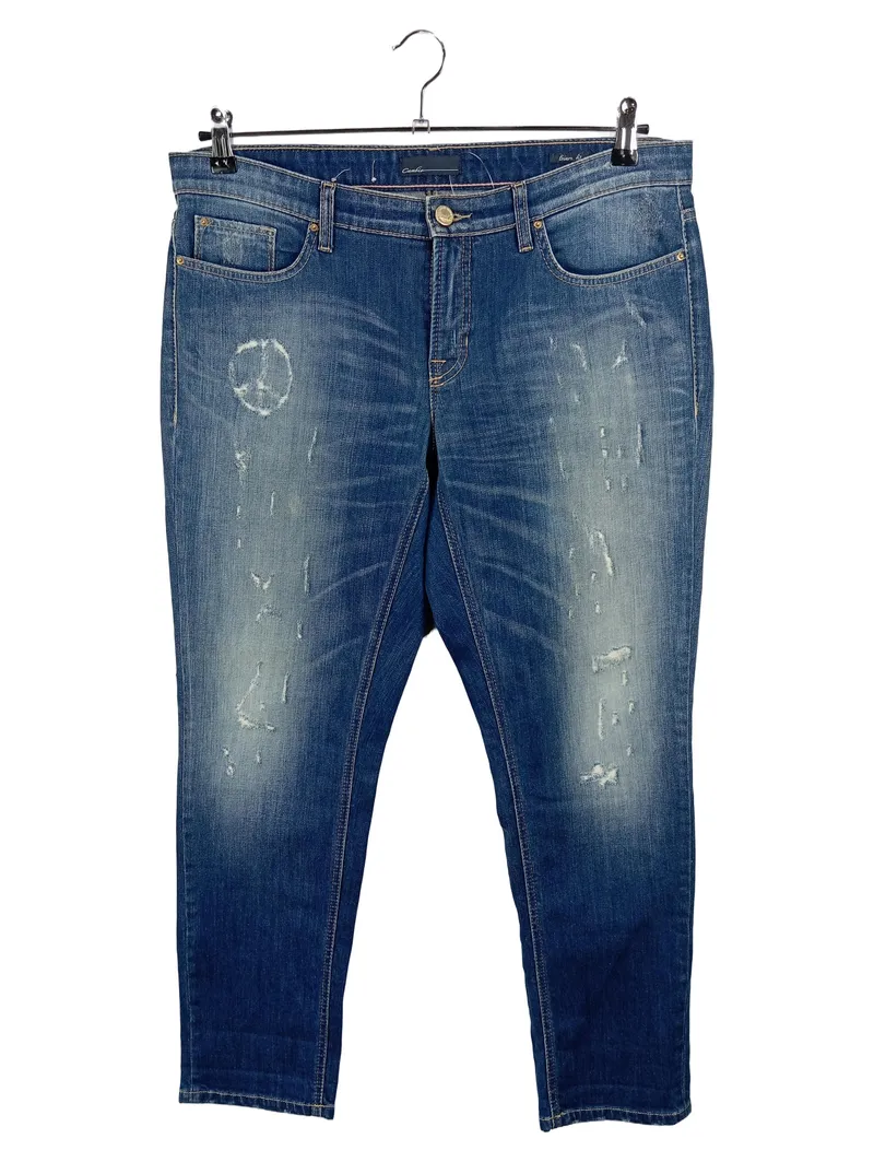 Cambio Jeans Damen Destroyed Slim 42 XL Blau Peace-Symbol Used Look 1