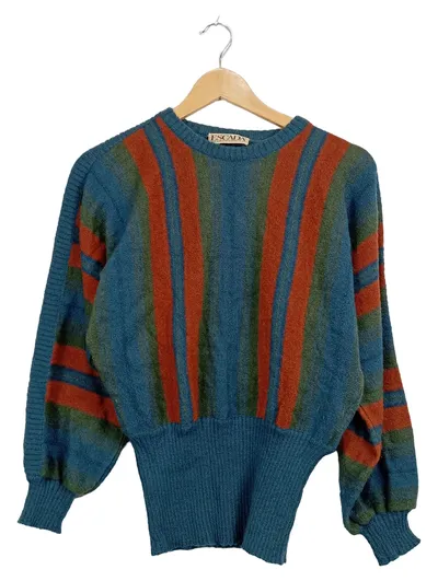 ESCADA Damen Pullover Gr. 36 Mohair Gestreift Petrol Vintage Retro
