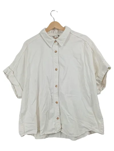 Monki Damen Bluse Hemd Weiß Oversized Gr. L Kurzarm Casual