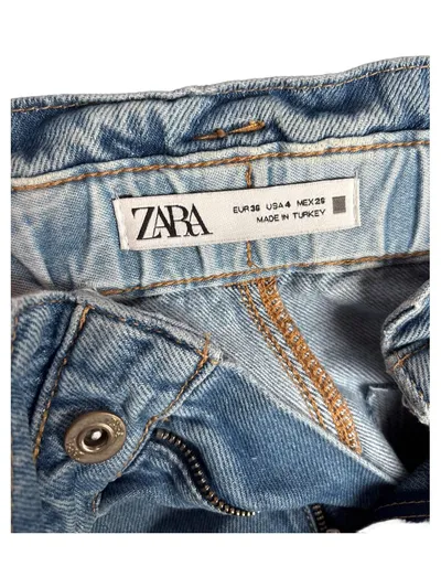 Zara Mom Jeans Paperbag Damen Gr. 36 Hellblau High Waist Baumwolle