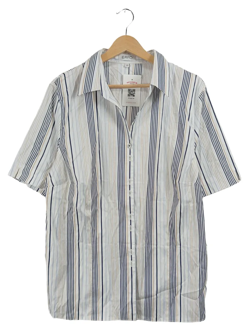 ERFO Damen Bluse Kurzarm Gestreift Gr. 48 Weiß Blau Beige Klassisch 1