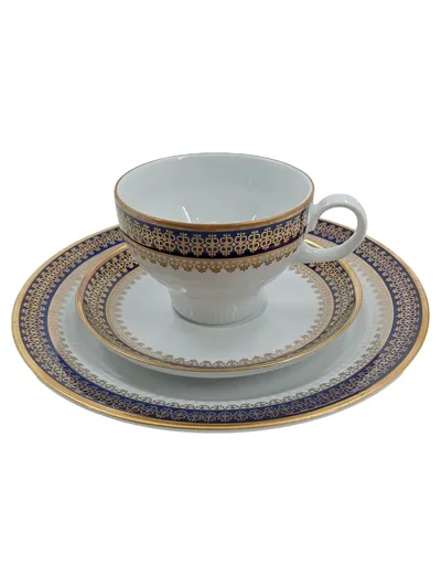 Kahla Echt Kobalt Sammelgedeck Tasse Untertasse Kuchenteller Porzellan Blau Gold