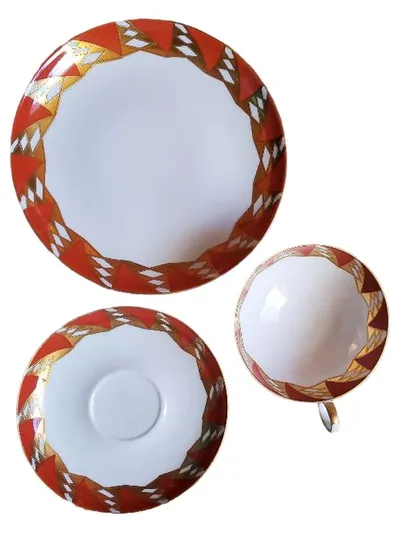 Wallendorf Kaffeegedeck 3-teilig Porzellan Rot Gold Geometrisch