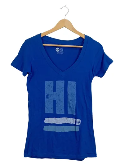 Roxy Damen T-Shirt V-Ausschnitt HI Print Blau Gr. S 100% Baumwolle