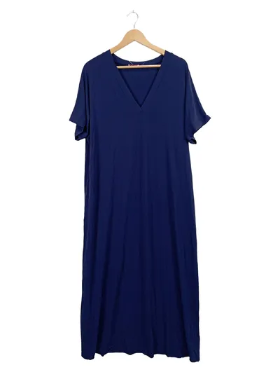 Eres Damen Maxikleid V-Ausschnitt Kurzarm Dunkelblau Gr. L
