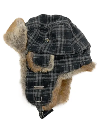 Barts Trapper Mütze Fliegerhaube Kariert Grau Kunstpelz Winter Outdoor