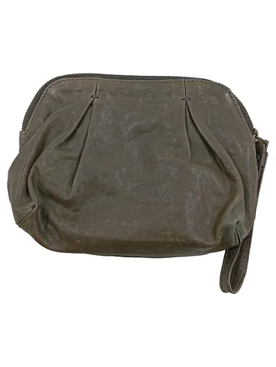 Damen Clutch Leder Grau Vintage Reißverschluss Handschlaufe 20x16cm