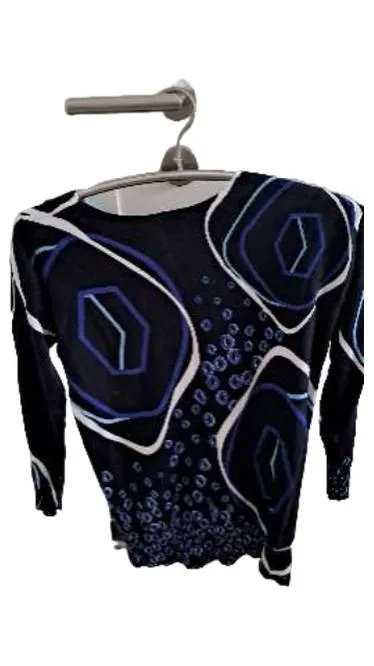 Alba Moda Damen Pullover Langarm Gr. 36/38 Blau Abstrakt Retro Muster