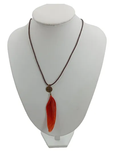 MEXX Halskette Feder Anhänger Orange Lederband Boho Damen
