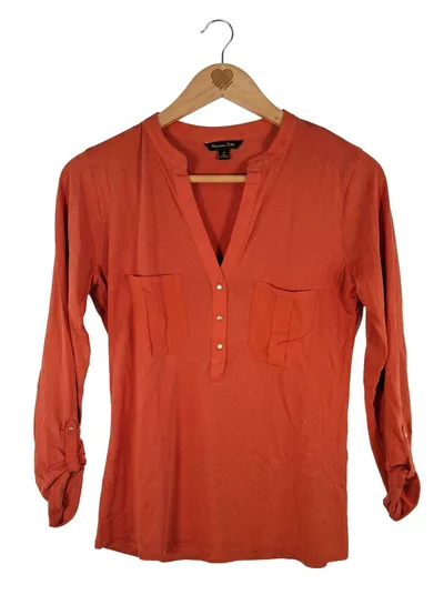 Massimo Dutti Damen Bluse Langarm Orange Gr. XS Casual V-Ausschnitt