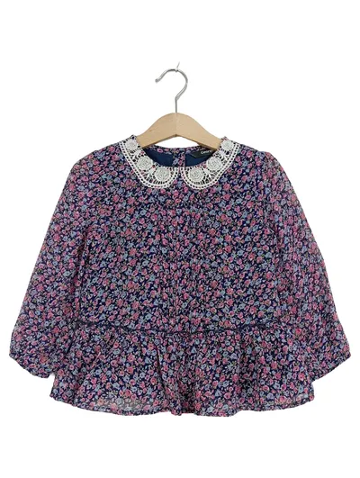 George Mädchen Blusenkleid Blau Blumenmuster Spitze Gr. 98 2-3 Jahre