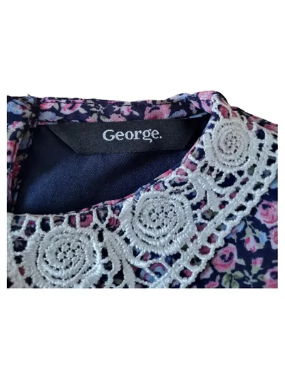 George Mädchen Blusenkleid Blau Blumenmuster Spitze Gr. 98 2-3 Jahre