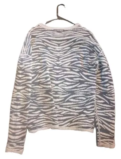 Oui Pullover Damen Gr. 40 Blau Grau Eulen Zebramuster Animal Print