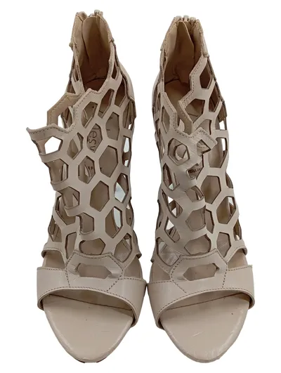 Alesya Damen Sandaletten High Heel Cage Leder Beige Gr. 40 12cm Absatz