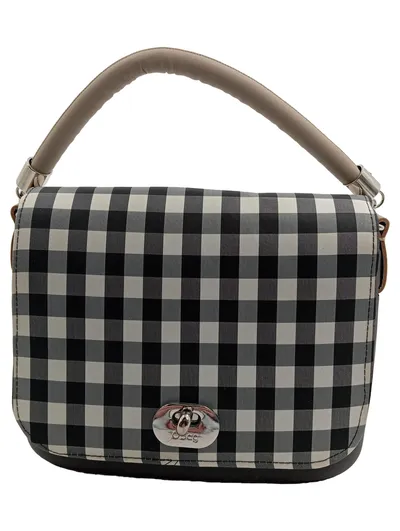 O bag Henkeltasche Damen kariert schwarz weiß grau Stoff Drehverschluss