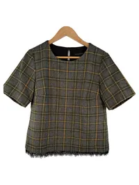 Banana Republic Damen Bluse kariert Kurzarm Spitze Wolle Grau Gr. S 1