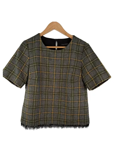 Banana Republic Damen Bluse kariert Kurzarm Spitze Wolle Grau Gr. S