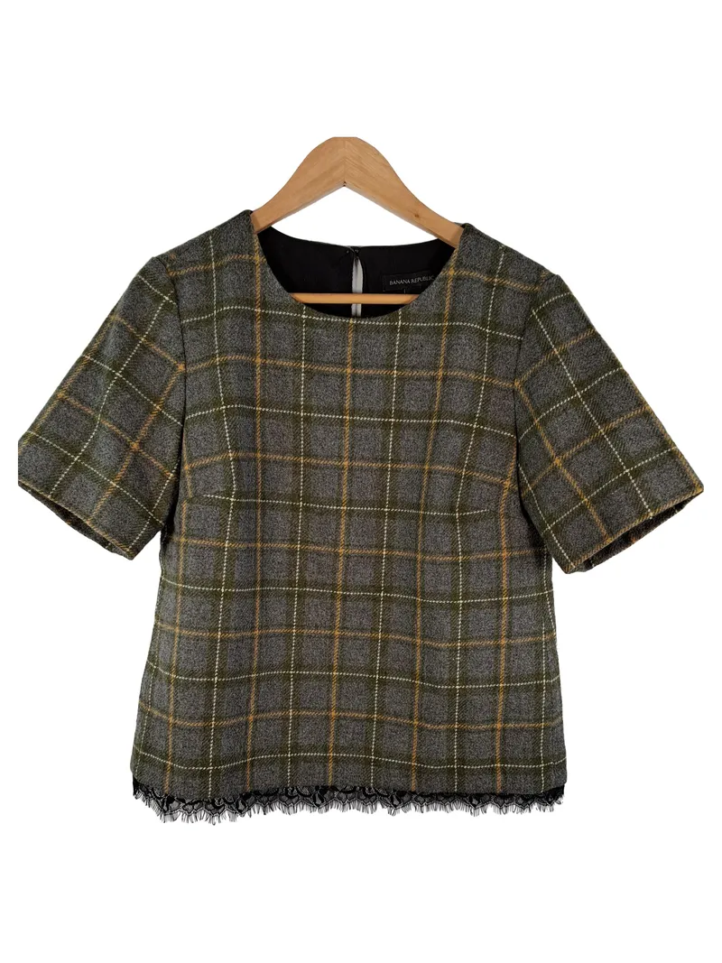 Banana Republic Damen Bluse kariert Kurzarm Spitze Wolle Grau Gr. S 1