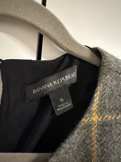 Banana Republic Damen Bluse kariert Kurzarm Spitze Wolle Grau Gr. S