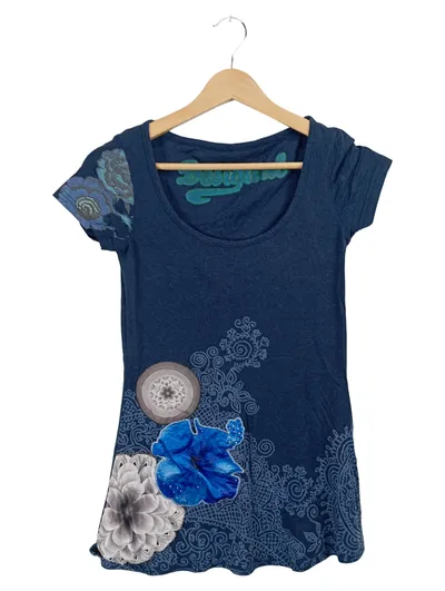 Desigual Damen T-Shirt Blumenmuster Bohemian Blau Gr. XS