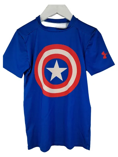 Under Armour Kinder Sport Shirt Captain America Marvel Gr. 110 Blau HeatGear