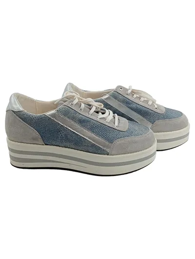 Alba Moda Damen Sneaker Low Glitzer Blau Grau Silber Plateau Gr. 39