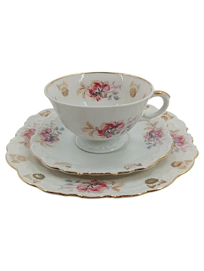 Schwarzer Hammer Sammelgedeck Tasse Untertasse Kuchenteller Blumen Porzellan