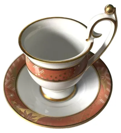 Freiberger Porzellan Tasse mit Untertasse Sachsen Germany Koralle Gold