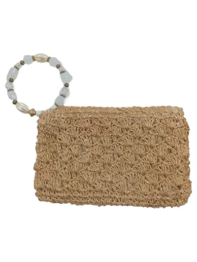 Boho Stroh Clutch Tasche Häkeln Perlen Damen Beige Klein 23cm