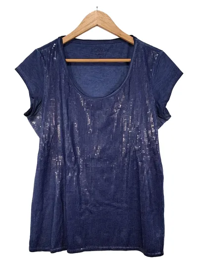 Anne L. Damen T-Shirt Pailletten Blau Gr. M 40/42 Casual Glamourös