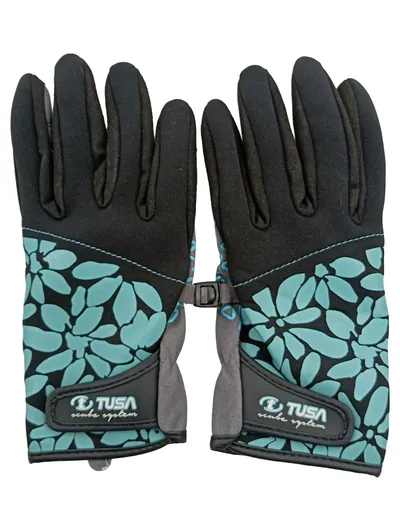 TUSA Scuba System Tauchhandschuhe Damen Größe M Schwarz Türkis Blumen