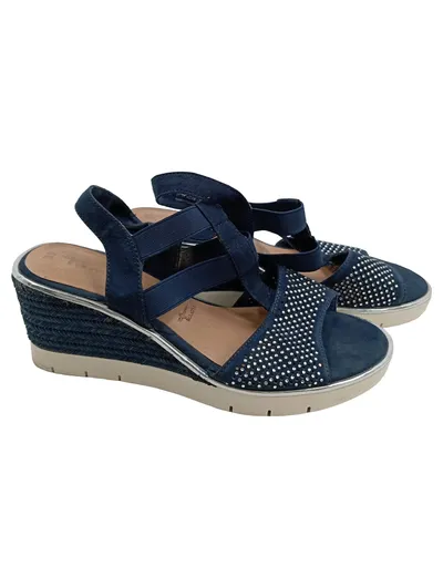 Tamaris Damen Keilsandaletten Wedges Gr. 39 Blau Strassbesatz Slingback