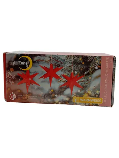 LightZone 3D Stern Lichterkette Rot Weihnachten 3 Sterne warmweiß Timer 5m