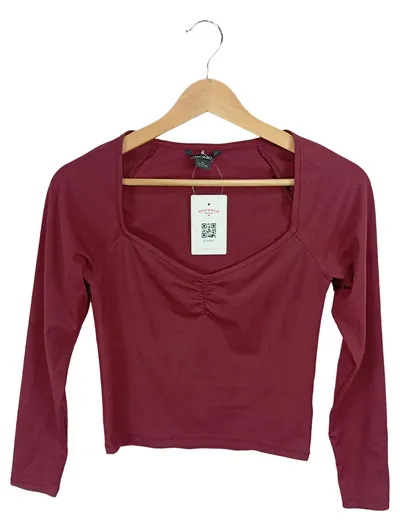 Monki Langarmshirt Damen XS Bordeaux Rot Cropped Rippstrick Enganliegend