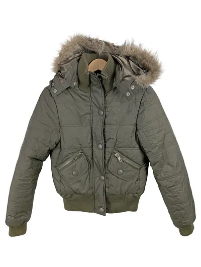 FLGNTLT Steppjacke Damen Gr. 32 Oliv Kapuze Kunstpelz Bomber