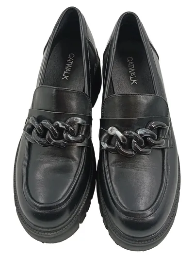 Catwalk Loafer Damen Slipper Schwarz Gr. 39 Kettendetail Blockabsatz