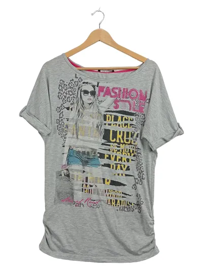 Blind Date Damen T-Shirt Grau Gr. 38 M Print Raffung Kurzarm Casual