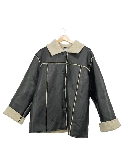 ASOS Design Damen Felljacke Gr. 38 M Schwarz Kunstleder Sherpa Vintage