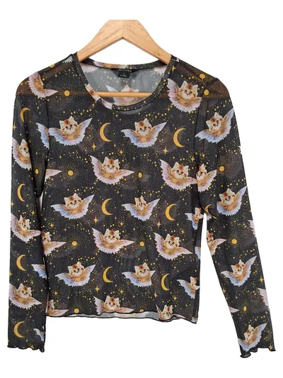 Monki Damen Langarmshirt Mesh Katze Engel Print Schwarz Gr. S