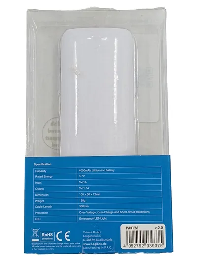 LogiLink Powerbank 4000mAh PA0126 Weiß Externer Akku USB LED Taschenlampe