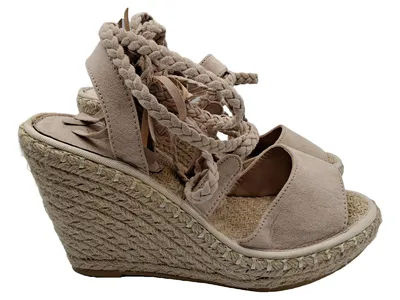 Yoki Damen Sandaletten Keilabsatz Espadrilles Beige Gr. 37,5 Bohemian