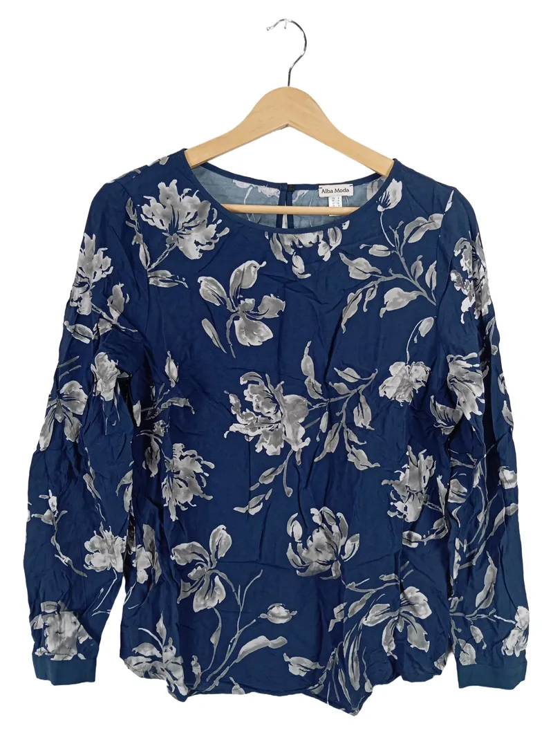 Alba Moda Damen Langarmshirt Bluse Gr. 38 Blau Blumenmuster Viskose 1