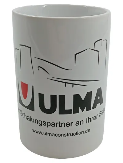 ULMA Construction Werbeartikel Kaffeebecher Tasse Porzellan Weiß 350ml