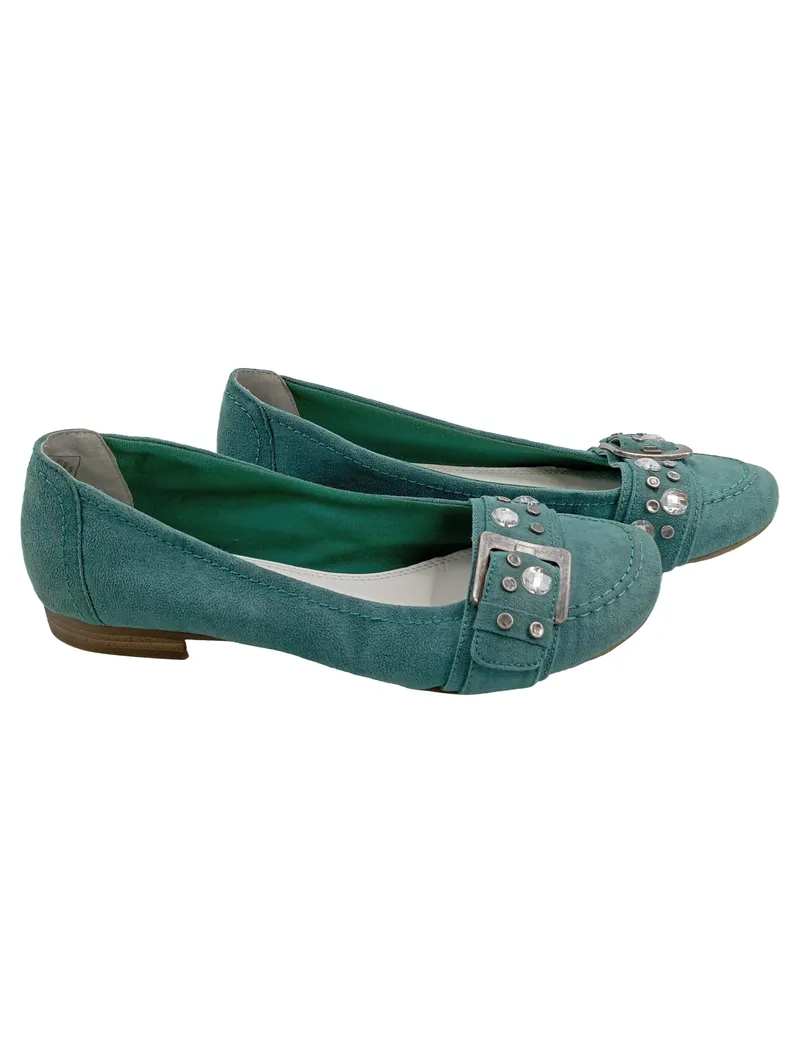 Marco Tozzi Damen Ballerinas Türkis Gr. 39 Strass Schnalle Wildleder-Optik 1