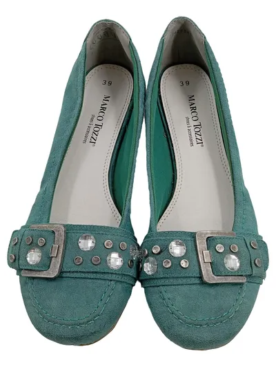 Marco Tozzi Damen Ballerinas Türkis Gr. 39 Strass Schnalle Wildleder-Optik